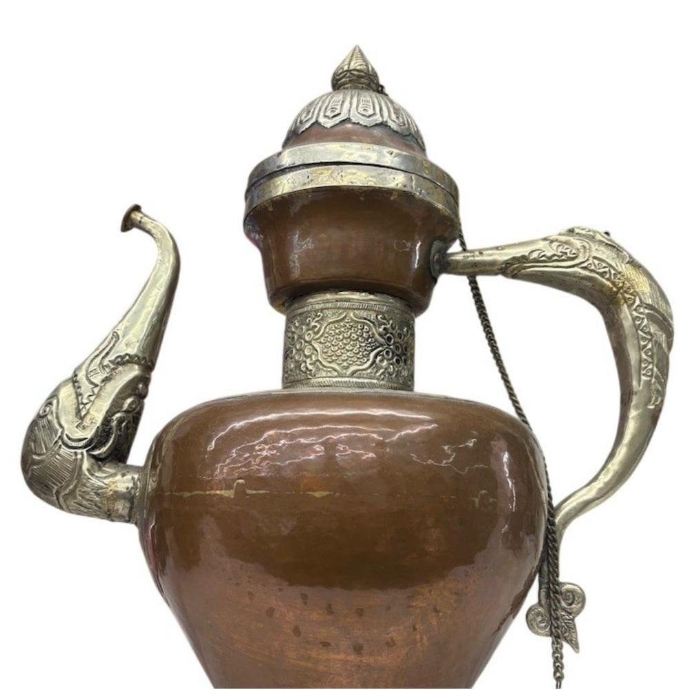 Sold-Vintage Tibetan Ornate Teapot Ewer Copper Brown-Tone Curved Spout Lid Chain